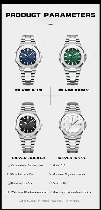 POEDAGAR Luxury Square Men's Watch – Stainless Steel, Waterproof, and Exclusive Design